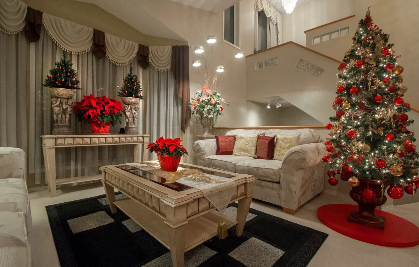 Photo wallpaper flowers, table, room, sofa, holiday, tree, New Year, Christmas