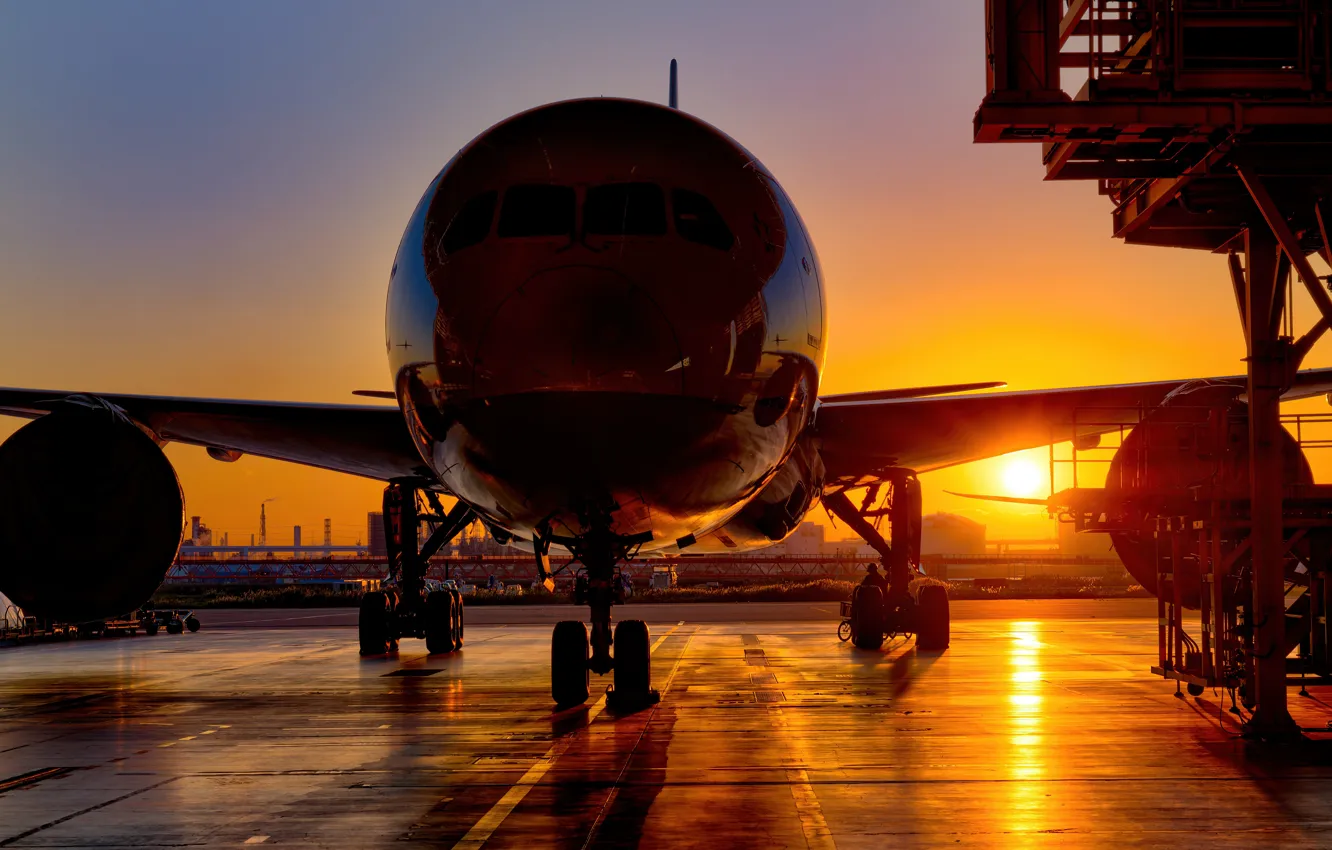 Photo wallpaper sunset, dawn, silhouette, case, airport, the plane, Chassis