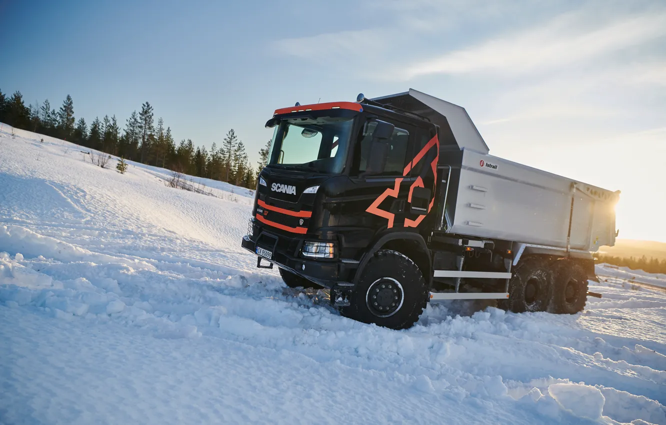 Photo wallpaper black, black, dump truck, 6x6, G500, Dump Truck, Scania, snow