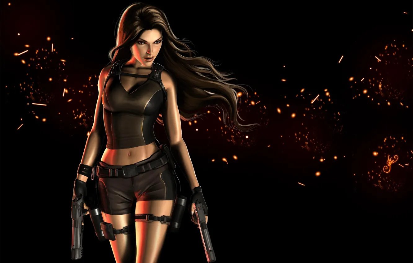 Photo wallpaper look, girl, weapons, hair, guns, art, Tomb Raider, black background