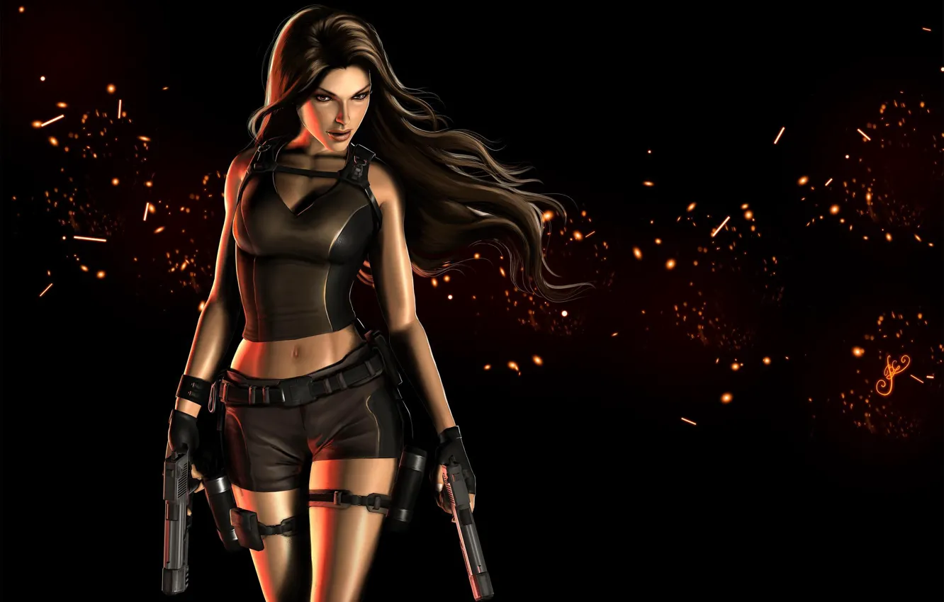 Photo wallpaper look, girl, gun, weapons, hair, art, Tomb Raider, black background