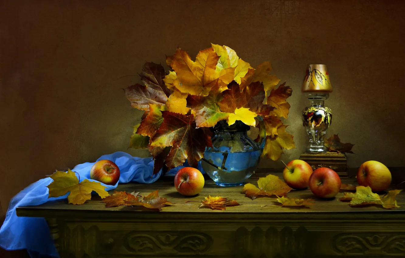 Photo wallpaper leaves, apples, lamp, fabric, maple, pitcher, fruit, still life
