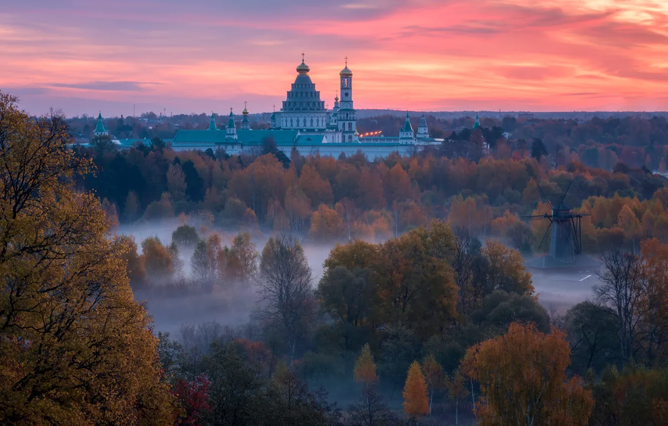 Photo wallpaper autumn, trees, landscape, nature, fog, dawn, morning, the monastery
