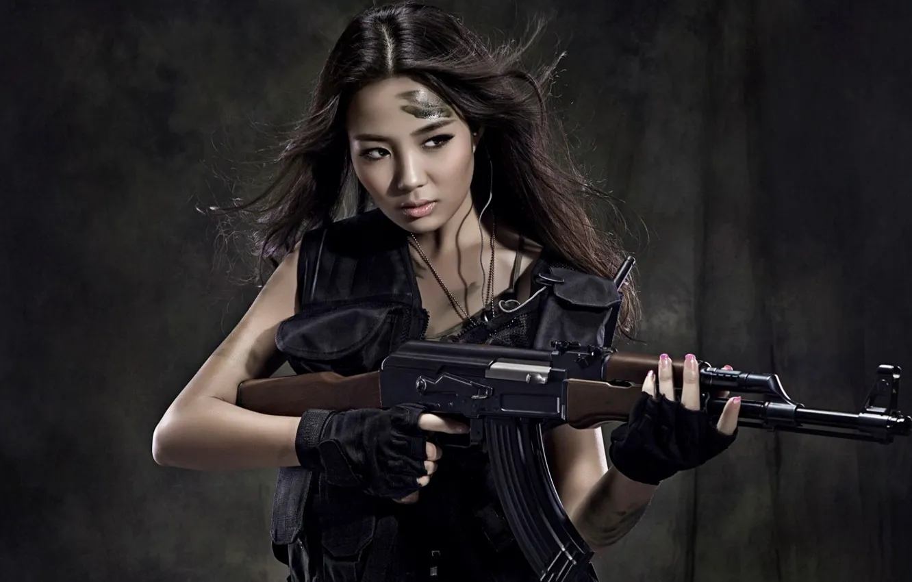 Photo wallpaper girl, weapon, rifle, ammunition