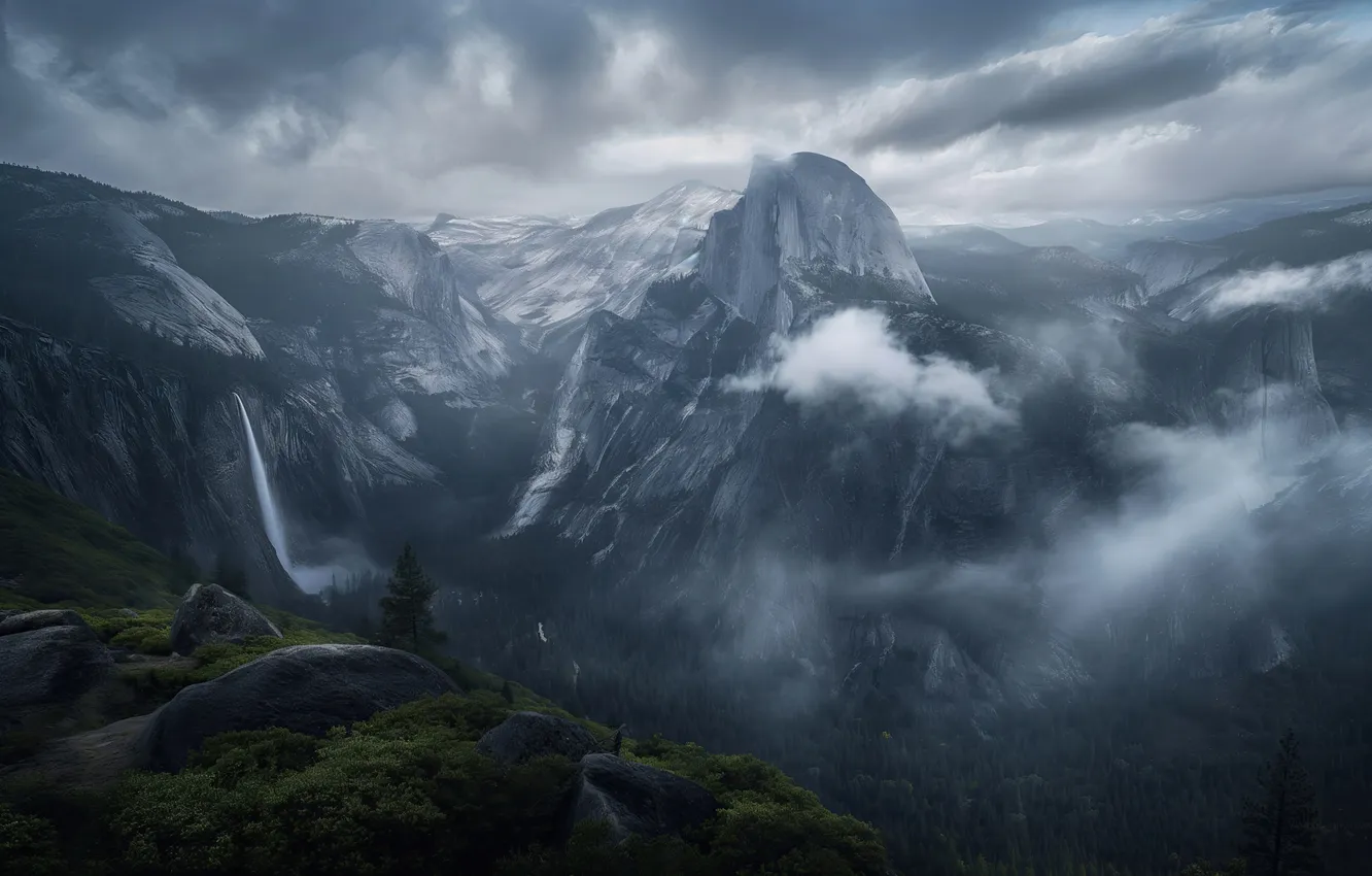 Photo wallpaper landscape, Yosemite, mountains, fog