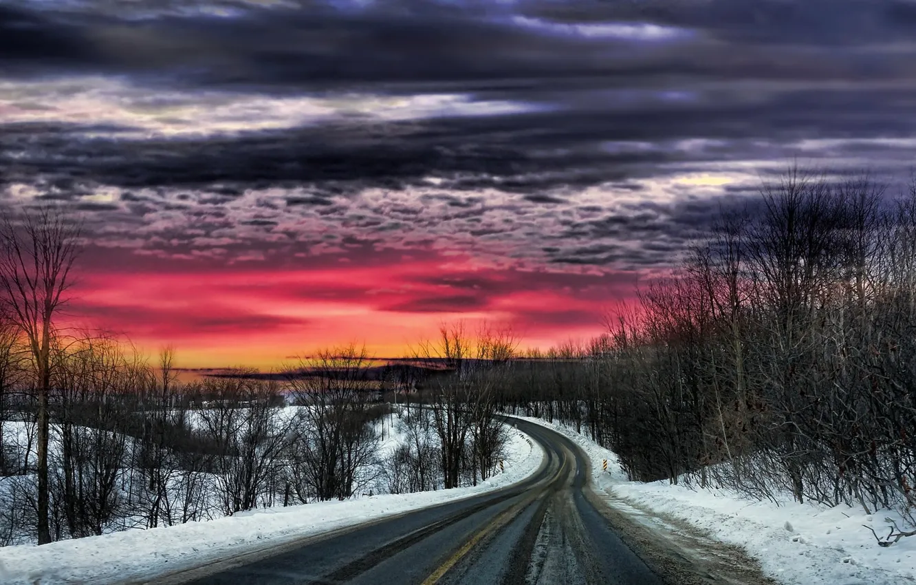 Photo wallpaper winter, road, sunset