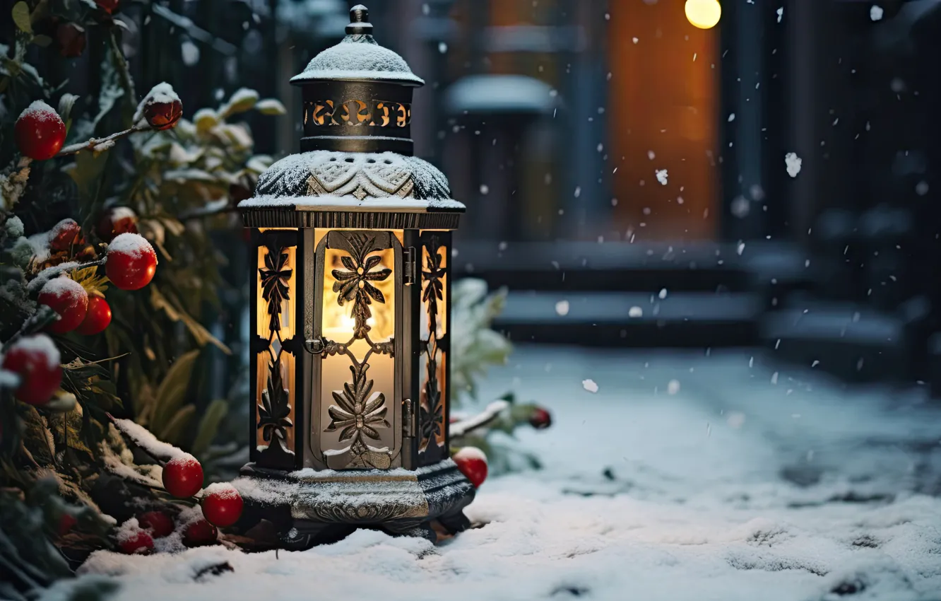 Photo wallpaper winter, snow, decoration, night, New Year, Christmas, lantern, light