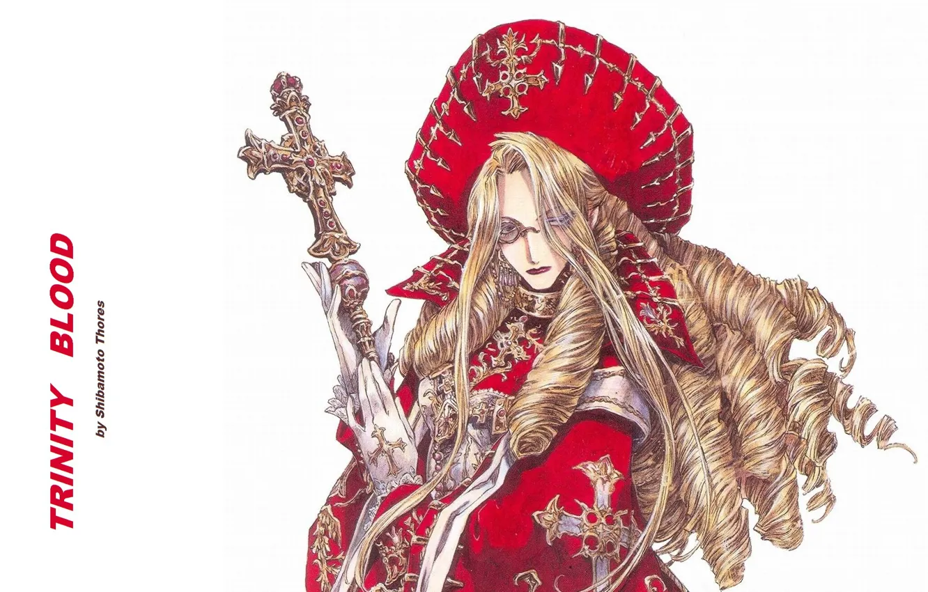 Photo wallpaper cross, gloves, trinity blood, long hair, curls, monocle, headdress, Trinity blood