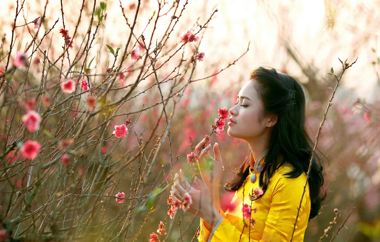 Photo wallpaper girl, garden, Asian