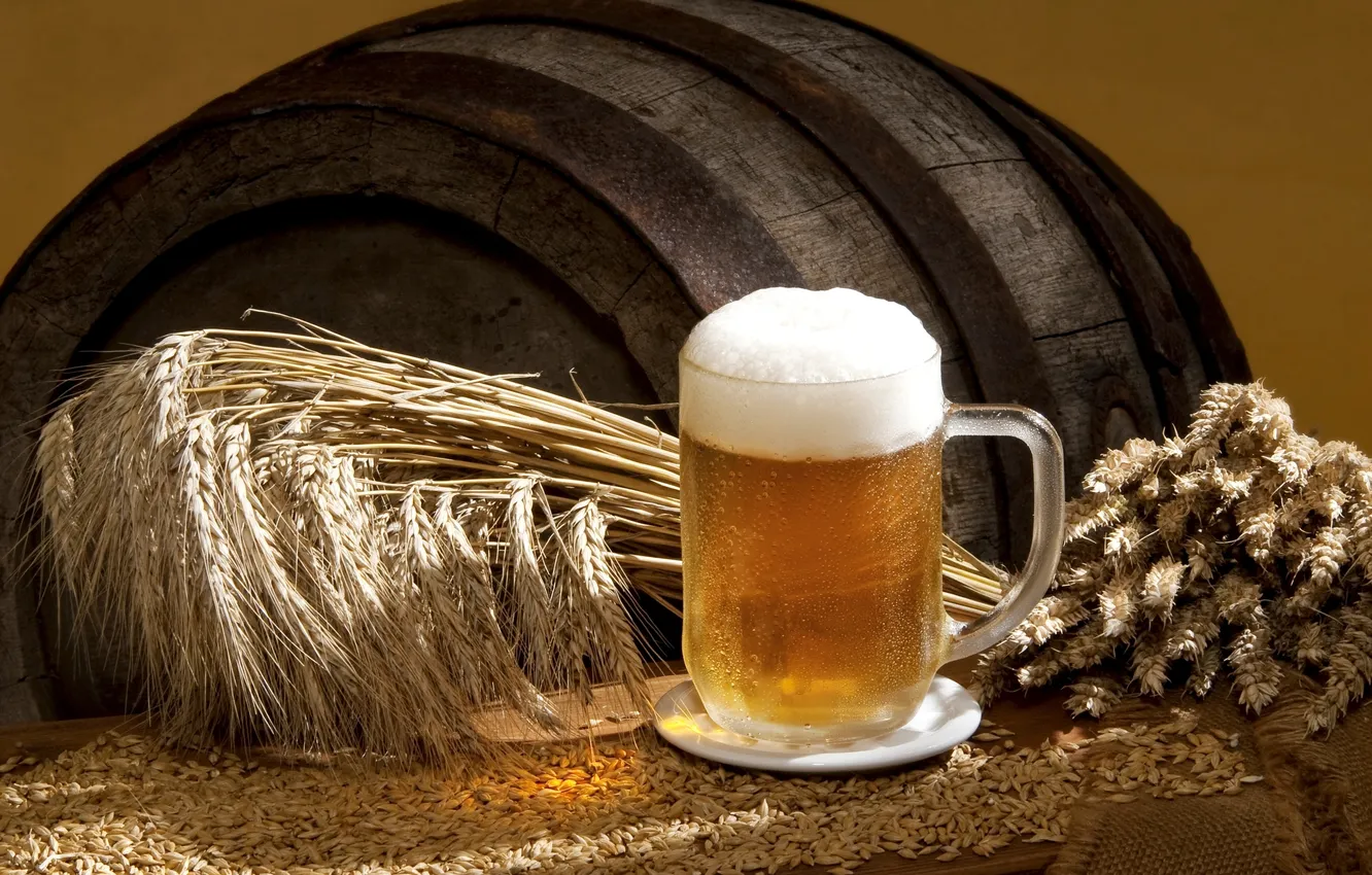 Photo wallpaper wall, beer, barley, Hordeum vulgare, wooden barrel