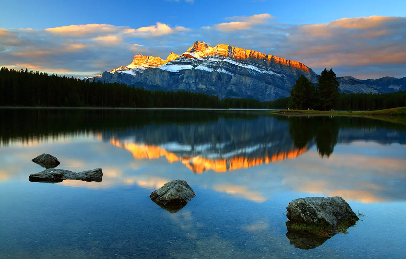 Photo wallpaper the sky, clouds, snow, trees, sunset, mountains, lake, stones