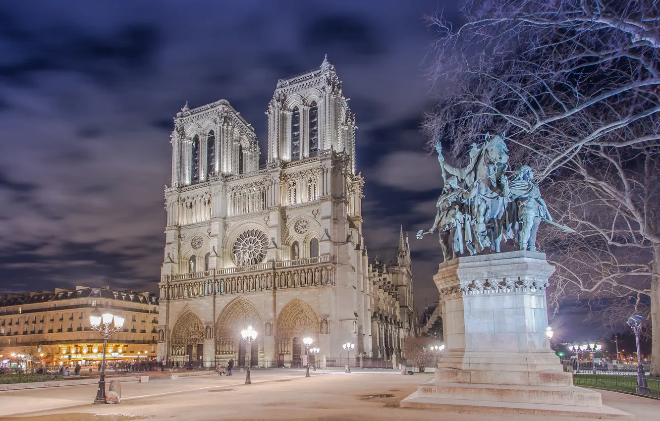 Photo wallpaper night, lights, France, Paris, home, area, Notre Dame Cathedral