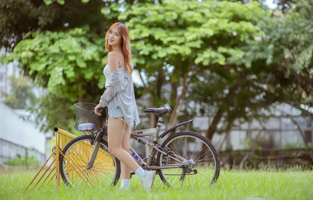 Photo wallpaper girl, bike, Asian