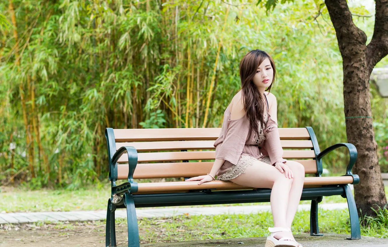 Photo wallpaper girl, street, bench
