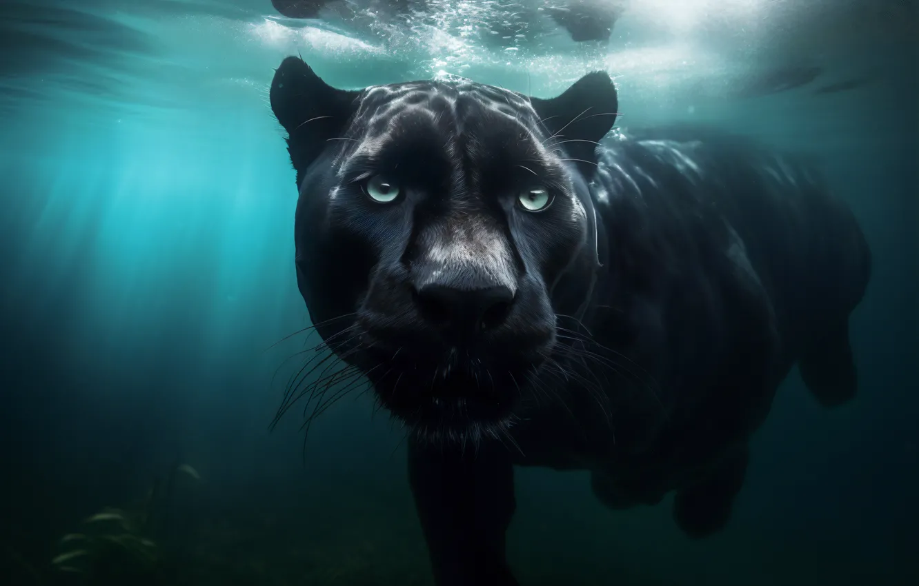 Photo wallpaper look, face, water, pose, black, Panther, bathing, under water