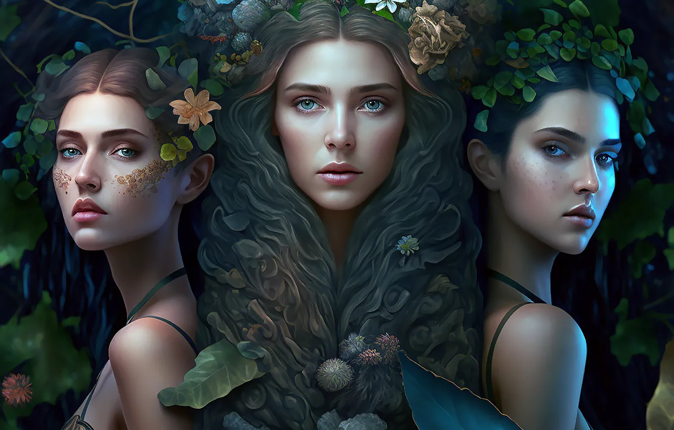 Photo wallpaper look, girl, nature, face, trio, nymph, AI art, The Art of Artificial Intelligence