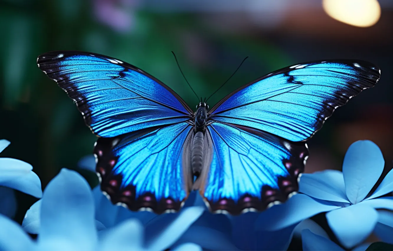 Photo wallpaper macro, flowers, blue, nature, butterfly, AI art, neural network