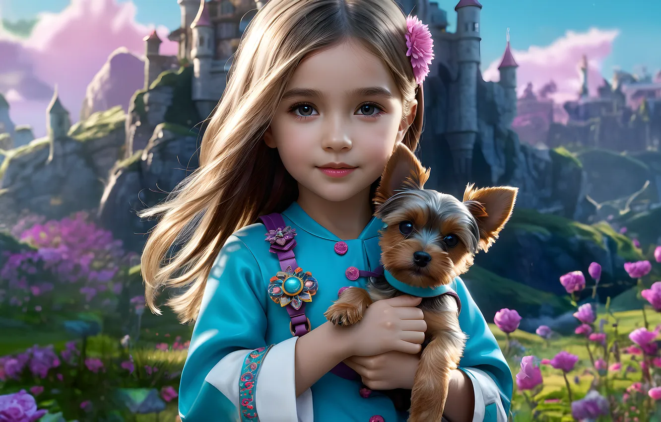 Photo wallpaper look, flowers, childhood, castle, portrait, tale, dog, fantasy