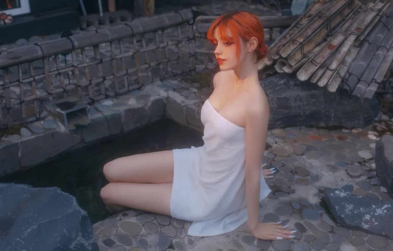 Photo wallpaper bath, women, redhead, towel, makeup, Karina Salakhutdinova