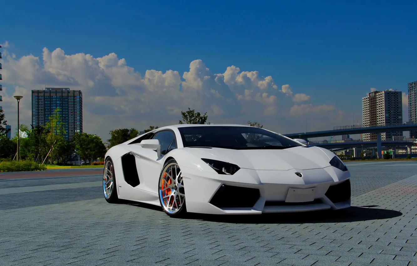 Photo wallpaper white, the sky, clouds, white, lamborghini, front view, sky, clouds