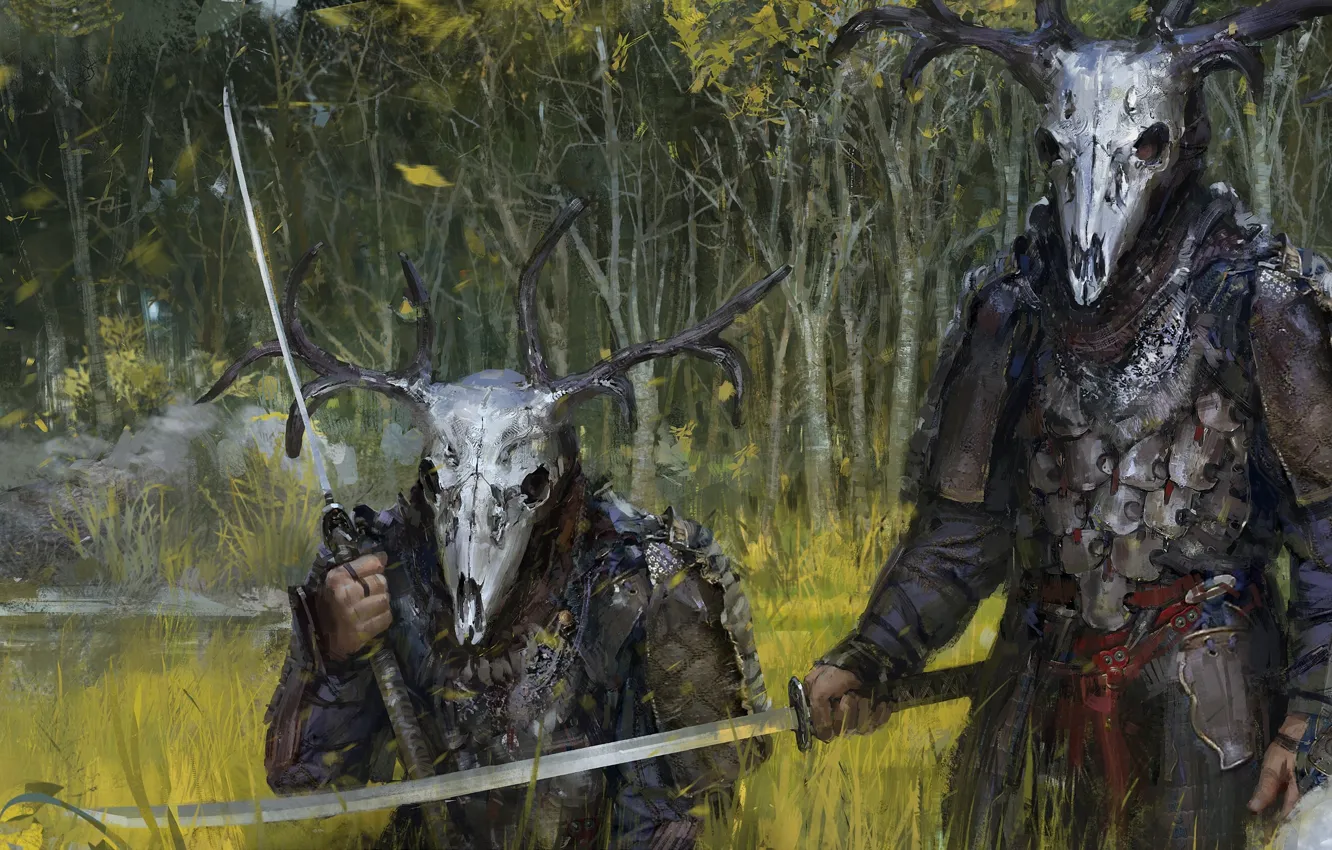 Photo wallpaper forest, skull, sword, armor, warrior, helmet, hunter