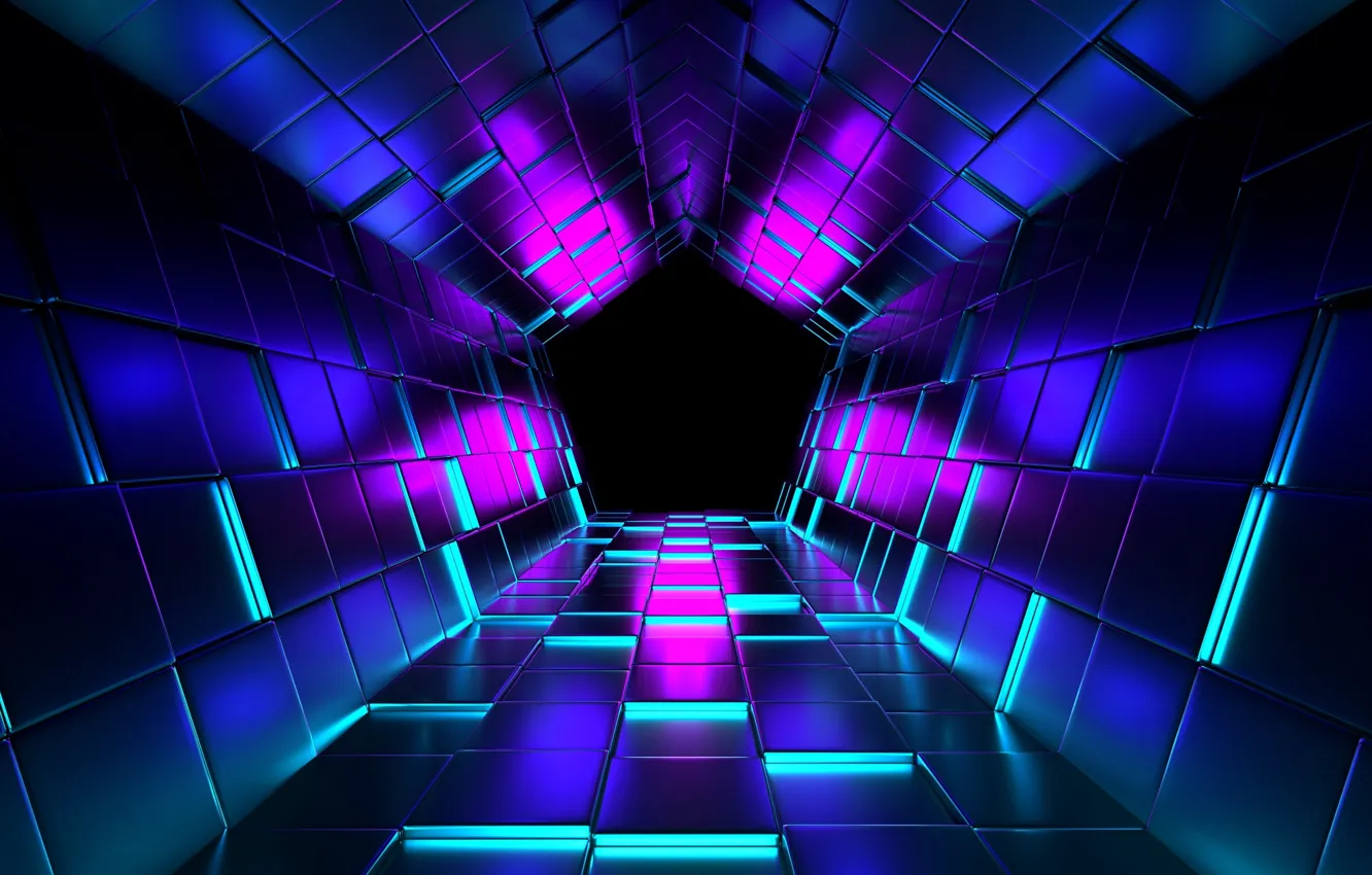 Photo wallpaper Cuba, the tunnel, black, black, tunnel, cubes, Pentagon, neon lights