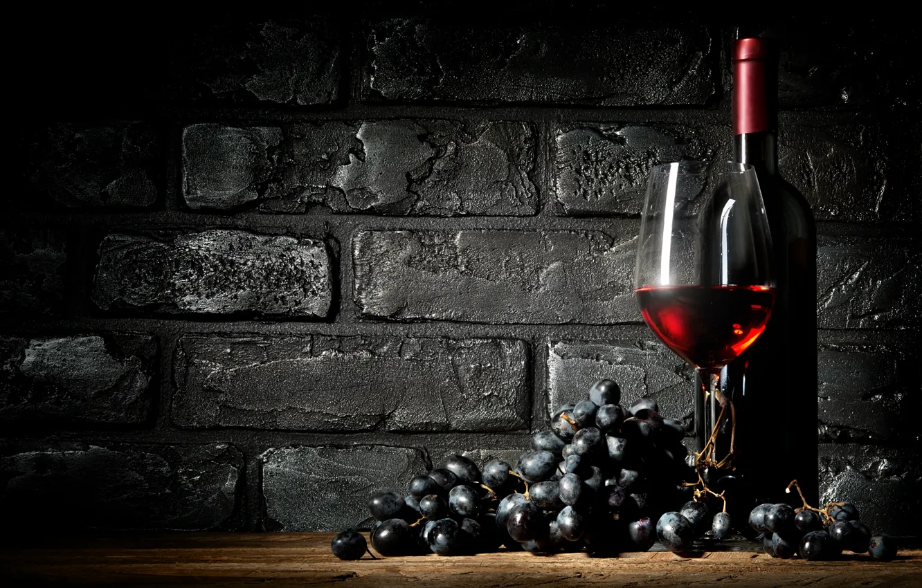 Photo wallpaper wall, wine, black, glass, bottle, brick, grapes, twilight