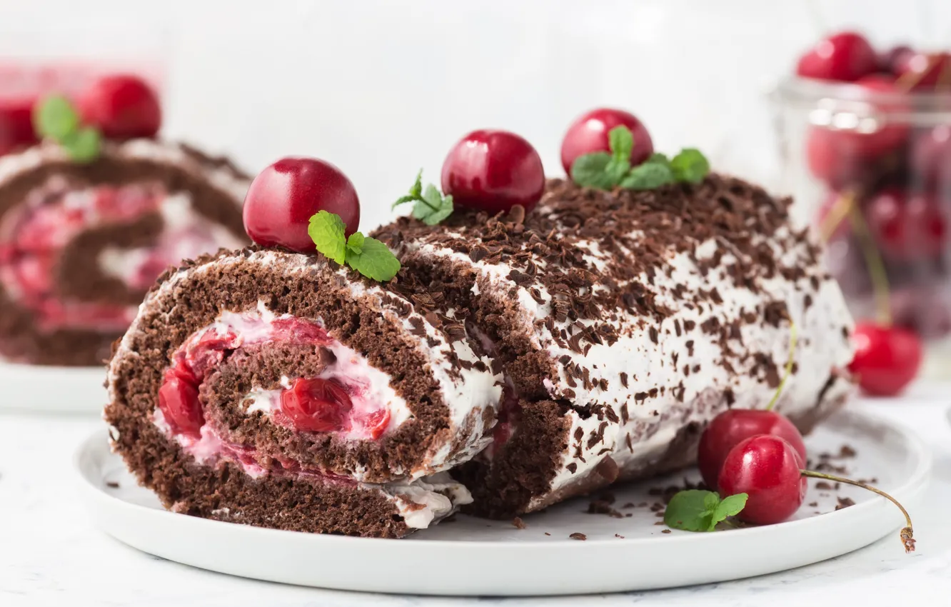 Photo wallpaper biscuit, cream, cherry, roll, chocolate