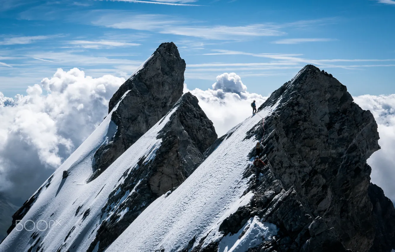 Photo wallpaper clouds, mountains, people, sport, mountain, climbing