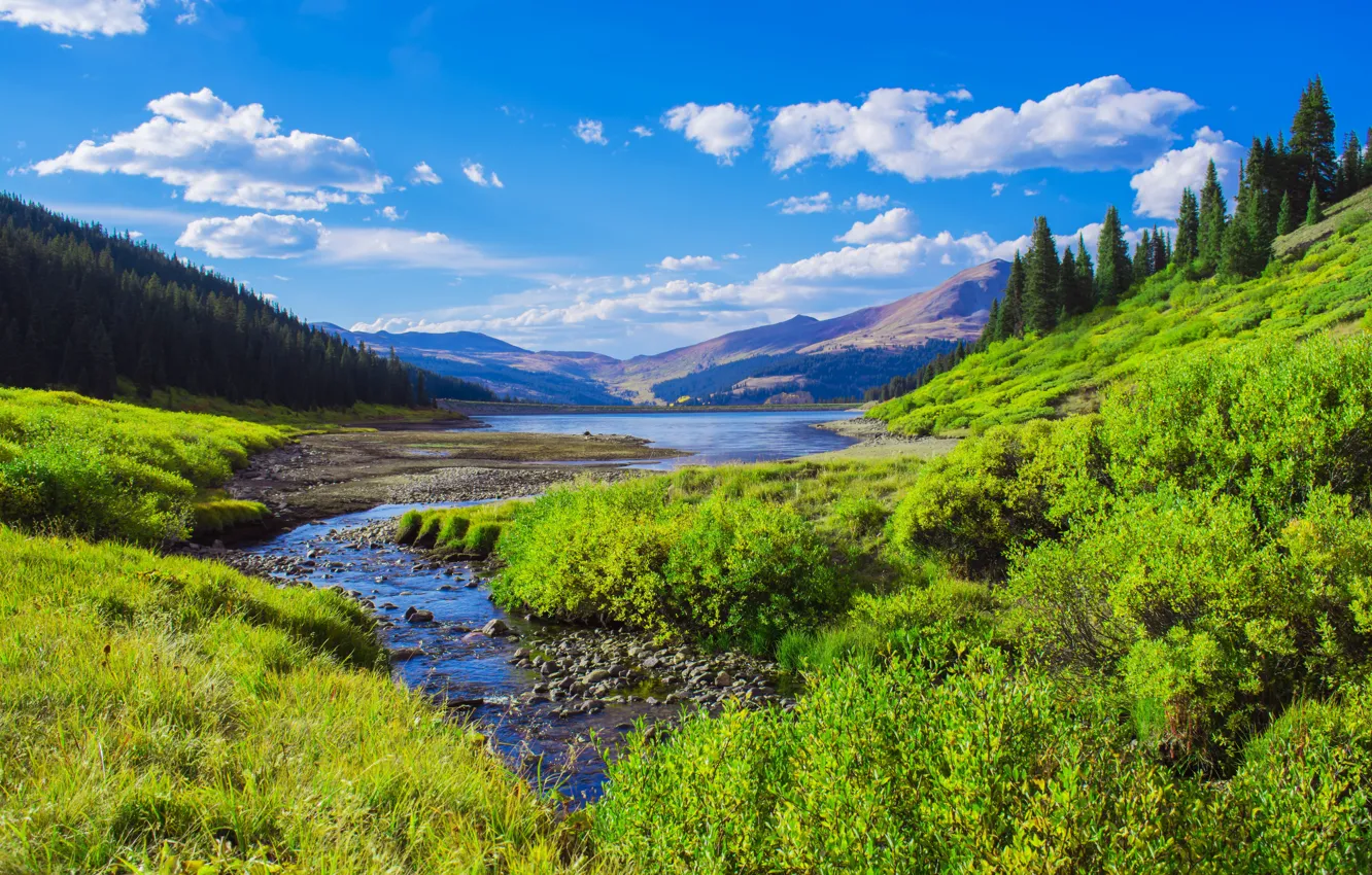 Photo wallpaper the sky, clouds, mountains, lake, USA, Colorado, Rocky Mountains
