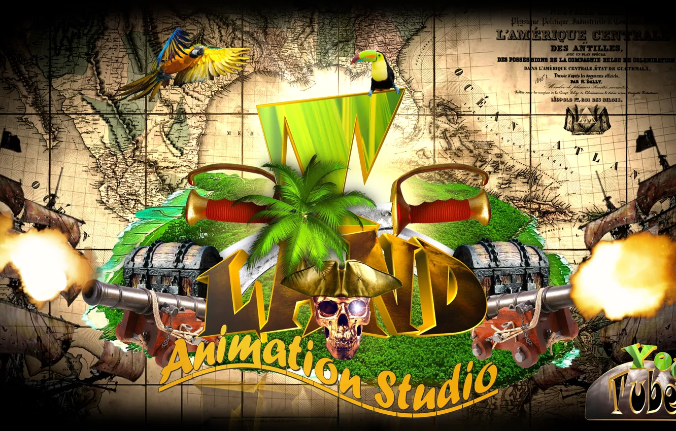 Photo wallpaper sea, Islands, palm trees, skull, map, sailboat, gun, hat
