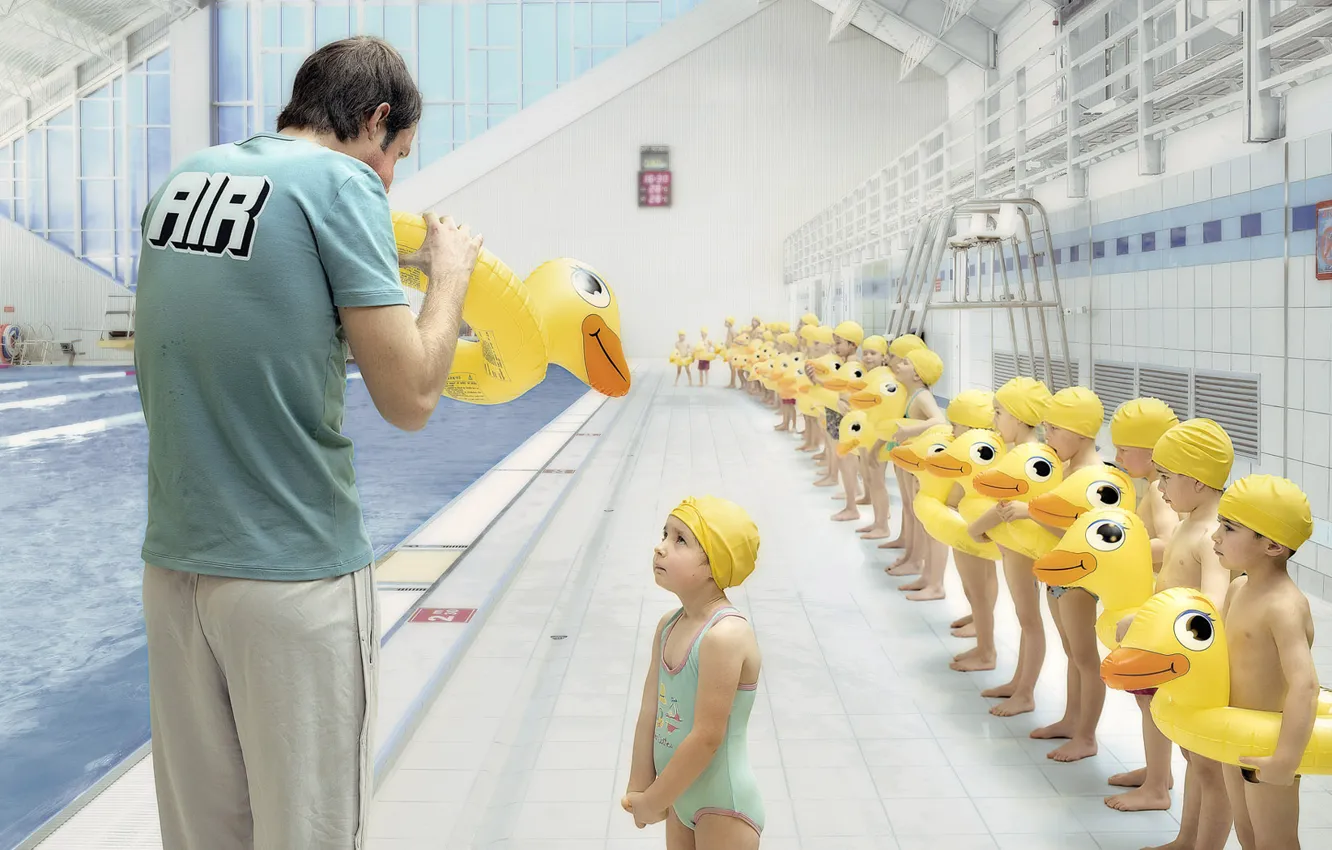 Photo wallpaper children, duck, pool, coach