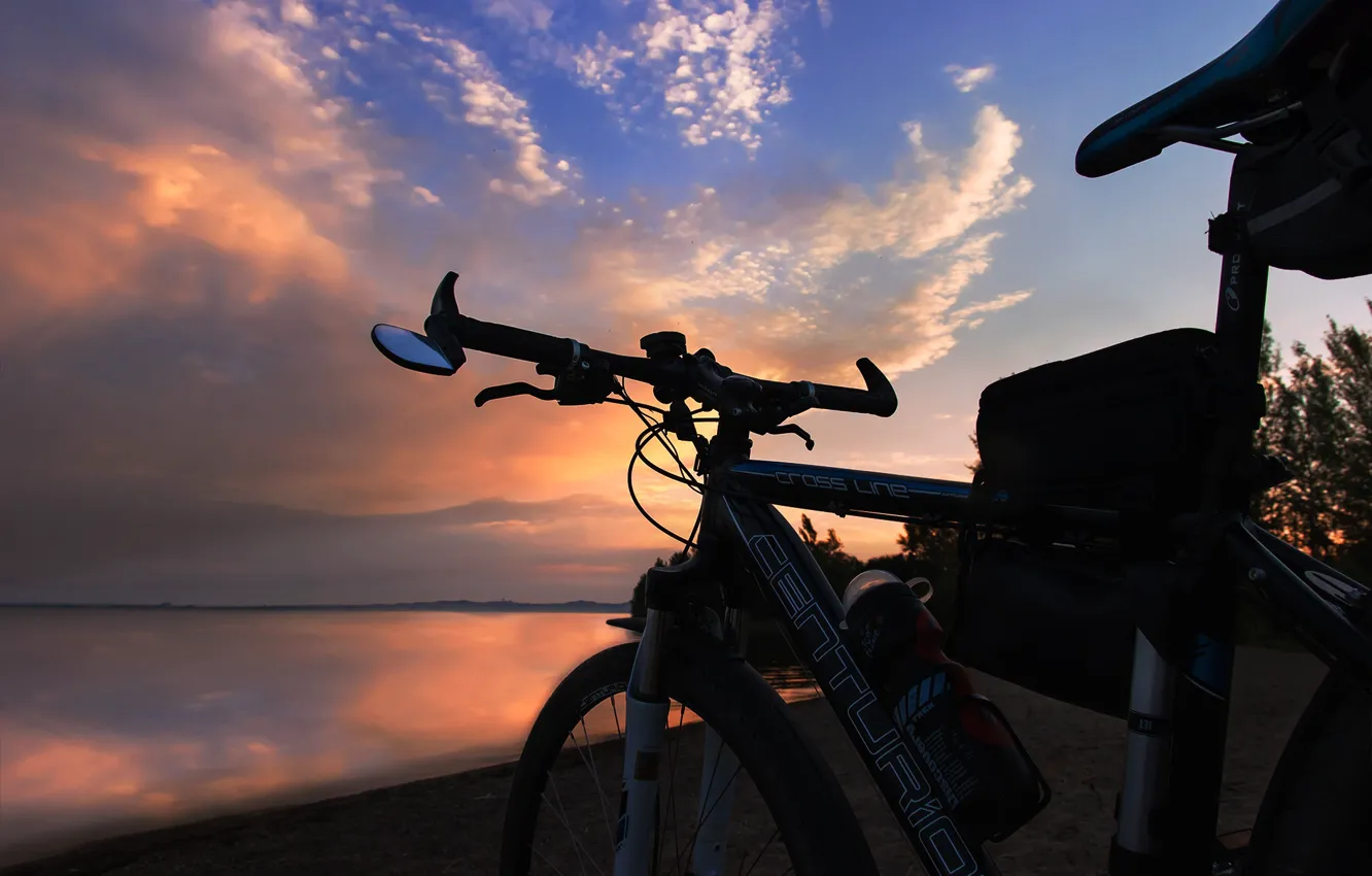 Photo wallpaper sunset, bike, romance, shore