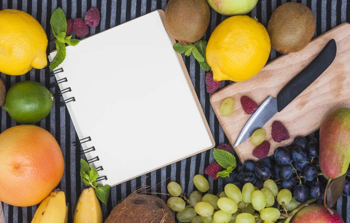 Photo wallpaper strips, paper, berries, raspberry, lemon, orange, coconut, kiwi