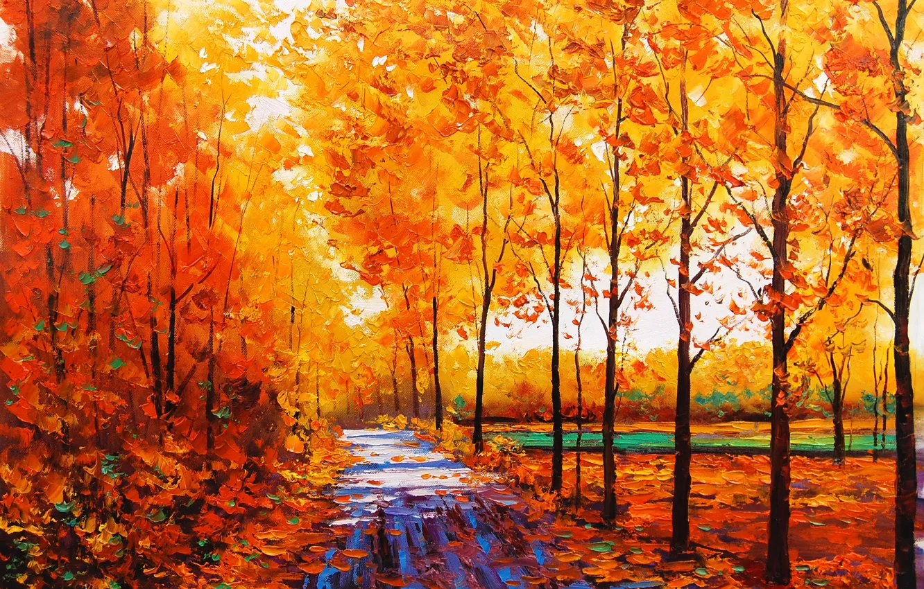Photo wallpaper autumn, leaves, trees, nature, yellow, art, track, artsaus