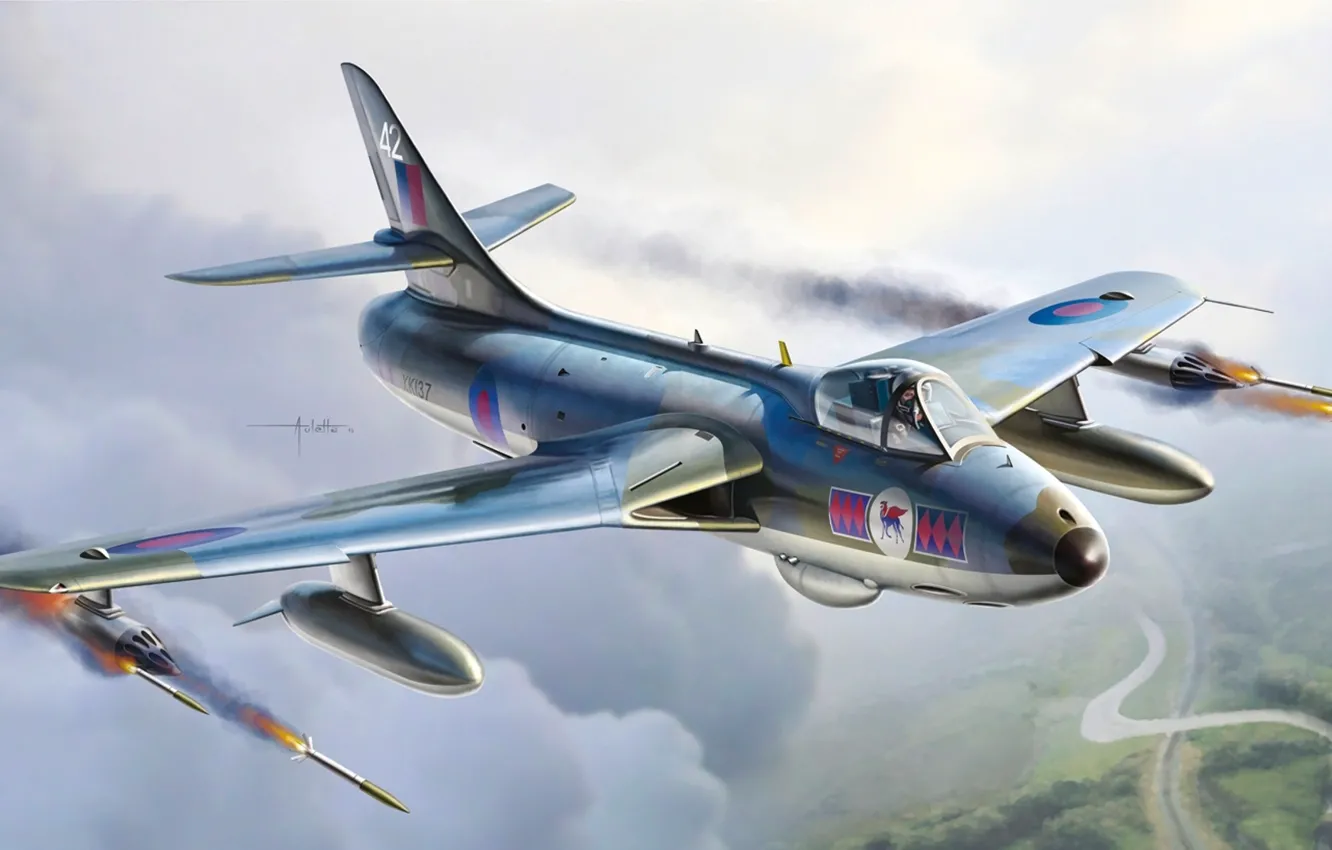 Photo wallpaper the sky, figure, art, the plane, fighter-bomber, RAF, Hawker Hunter FGA6/FGA9