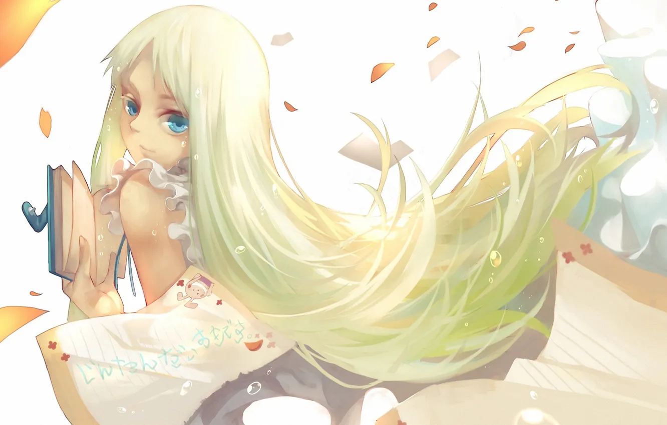 Photo wallpaper girl, hair, petals, art, book, Ano Hi Mita Hana no Namae wo Bokutachi wa Mada …