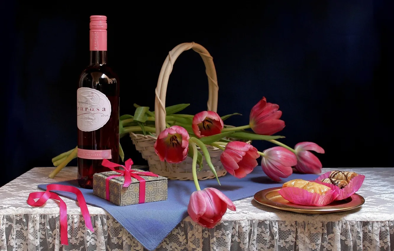 Photo wallpaper gift, wine, basket, plate, tape, tulips, pink, cake