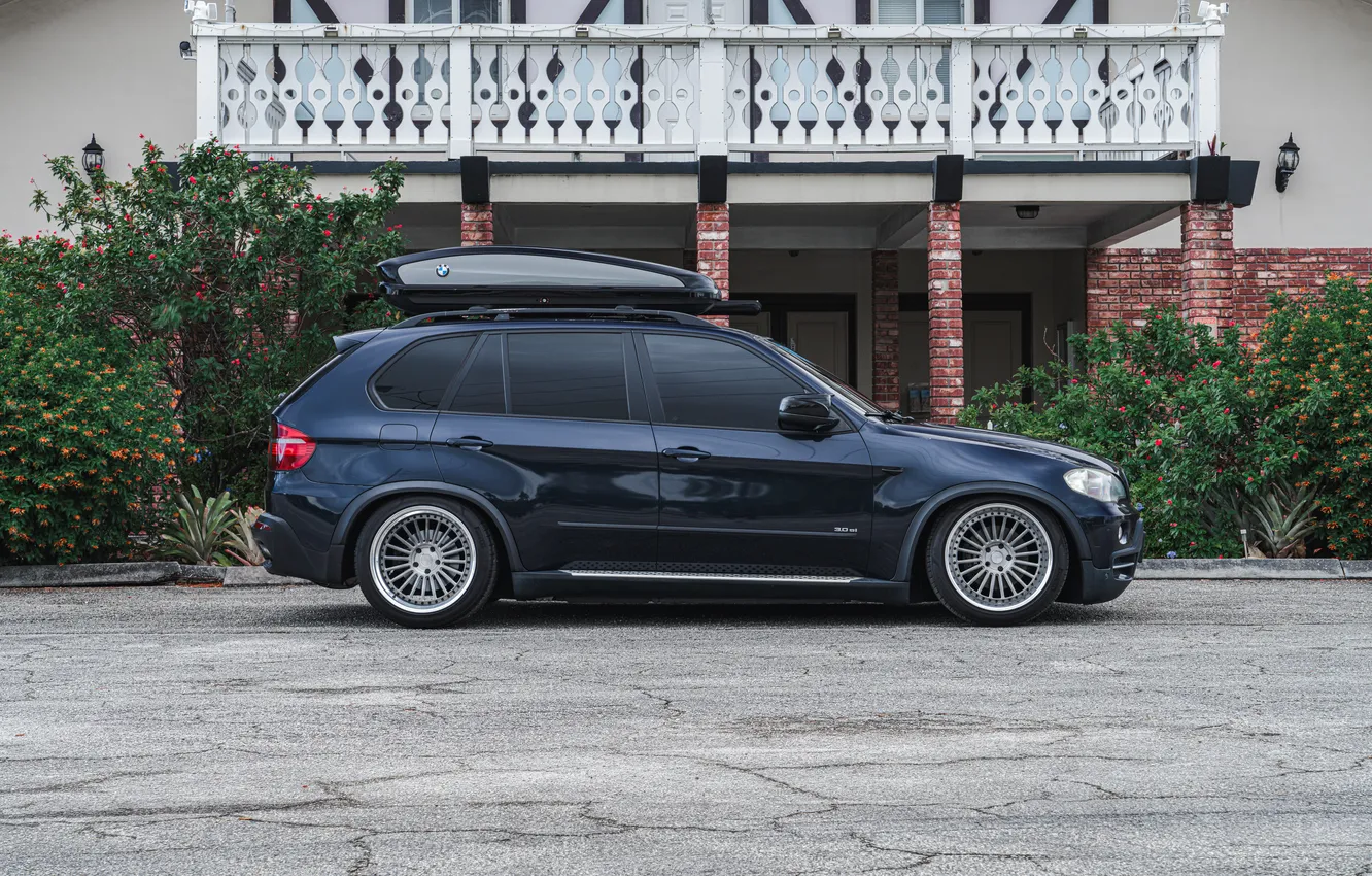 Photo wallpaper BMW, blue, mountain, Side, BMW X5, e70, X5 E70