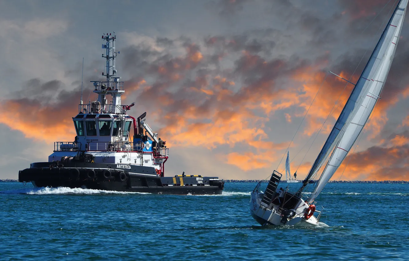 Photo wallpaper sea, the situation, tug, yacht, roll