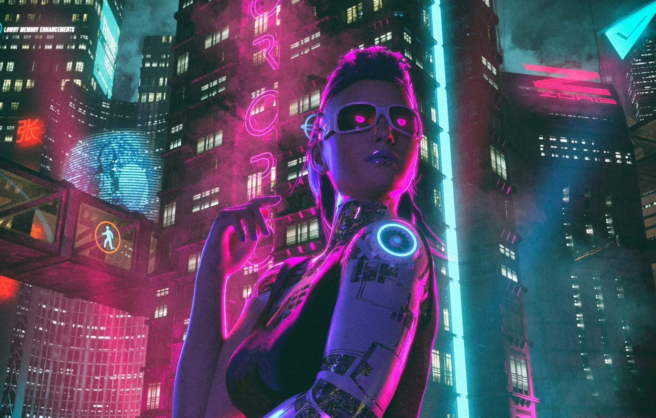 Photo wallpaper Girl, Night, The city, Neon, sci-fi, Cyborg, Cyborg, Cyberpunk