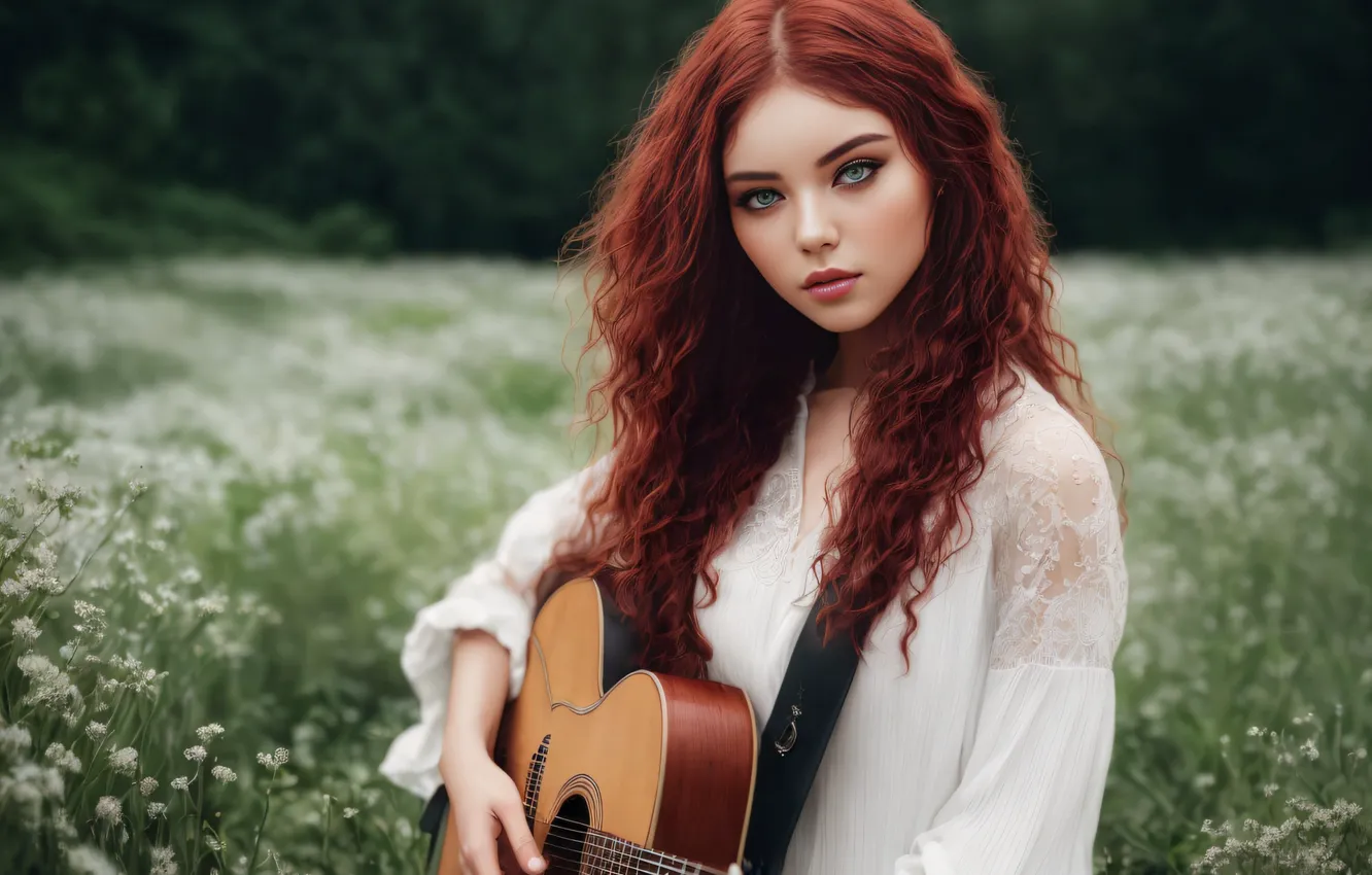 Photo wallpaper field, summer, look, girl, flowers, nature, glade, guitar