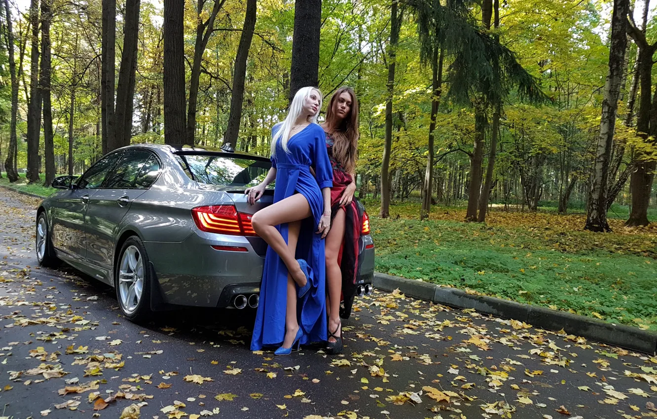 Photo wallpaper girl, BMW, beautiful girls, grey car, posing over the car