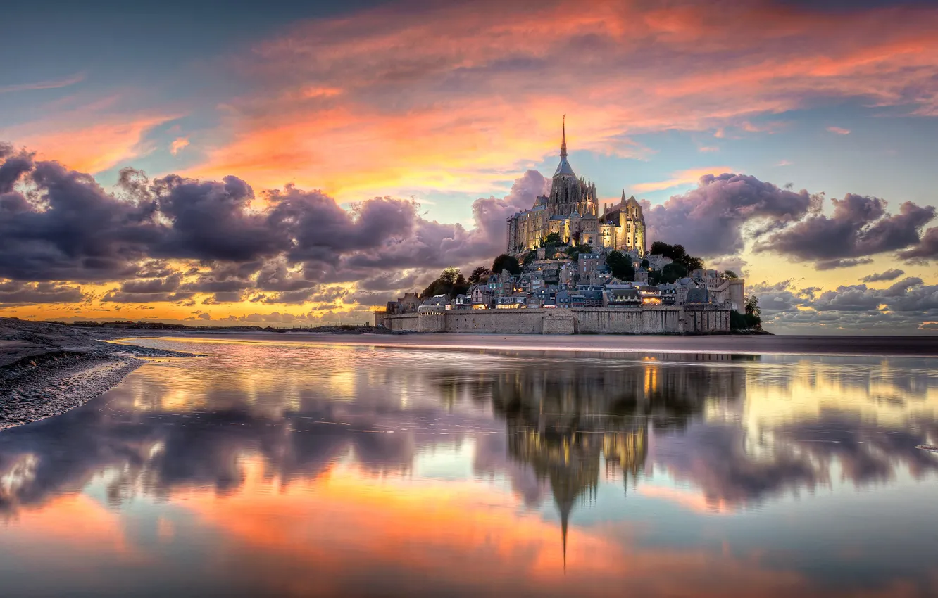 Photo wallpaper clouds, the city, France, mountain, the evening, Normandy, Mont-Saint-Michel, the island fortress of