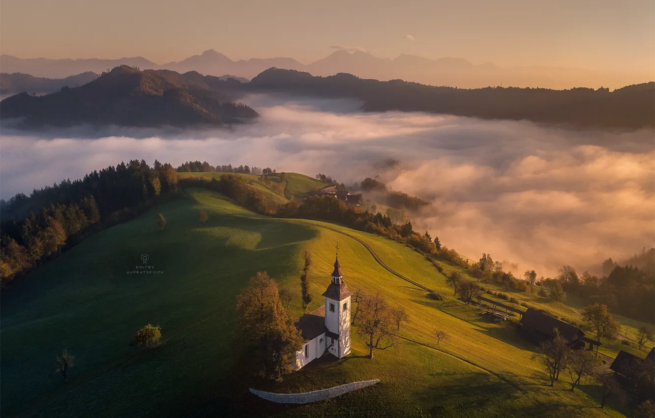 Photo wallpaper greens, the sun, trees, mountains, fog, sunrise, valley, Church