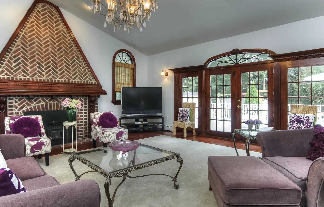 Photo wallpaper design, sofa, window, fireplace, table, living room, plasma