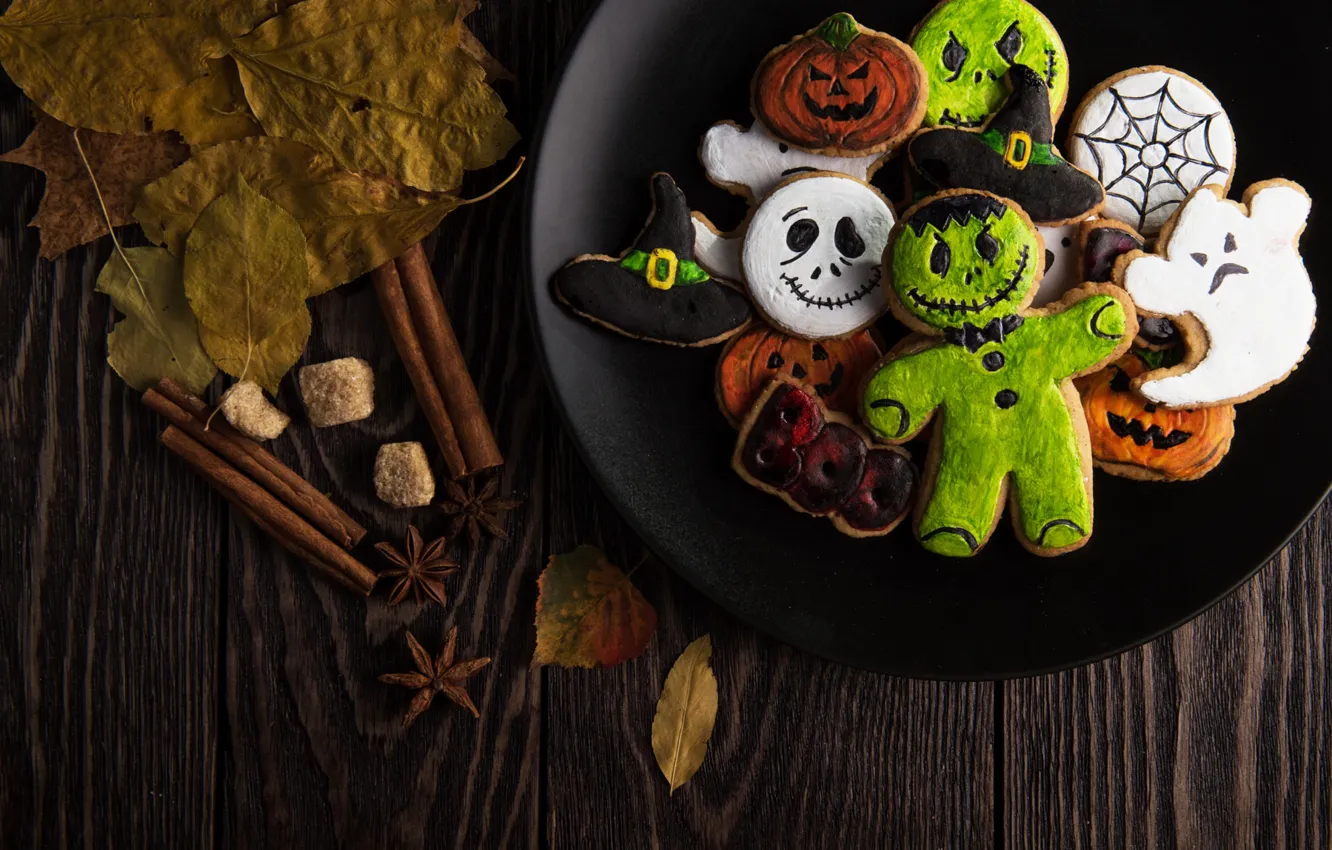 Photo wallpaper Halloween, ghost, monster, hat, wood, food, leaves, sweets