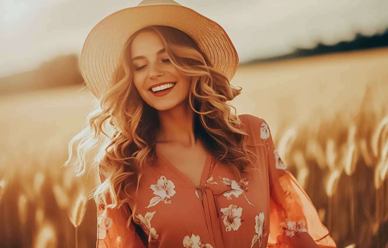 Photo wallpaper field, girl, smile, hat, AI art, neural network