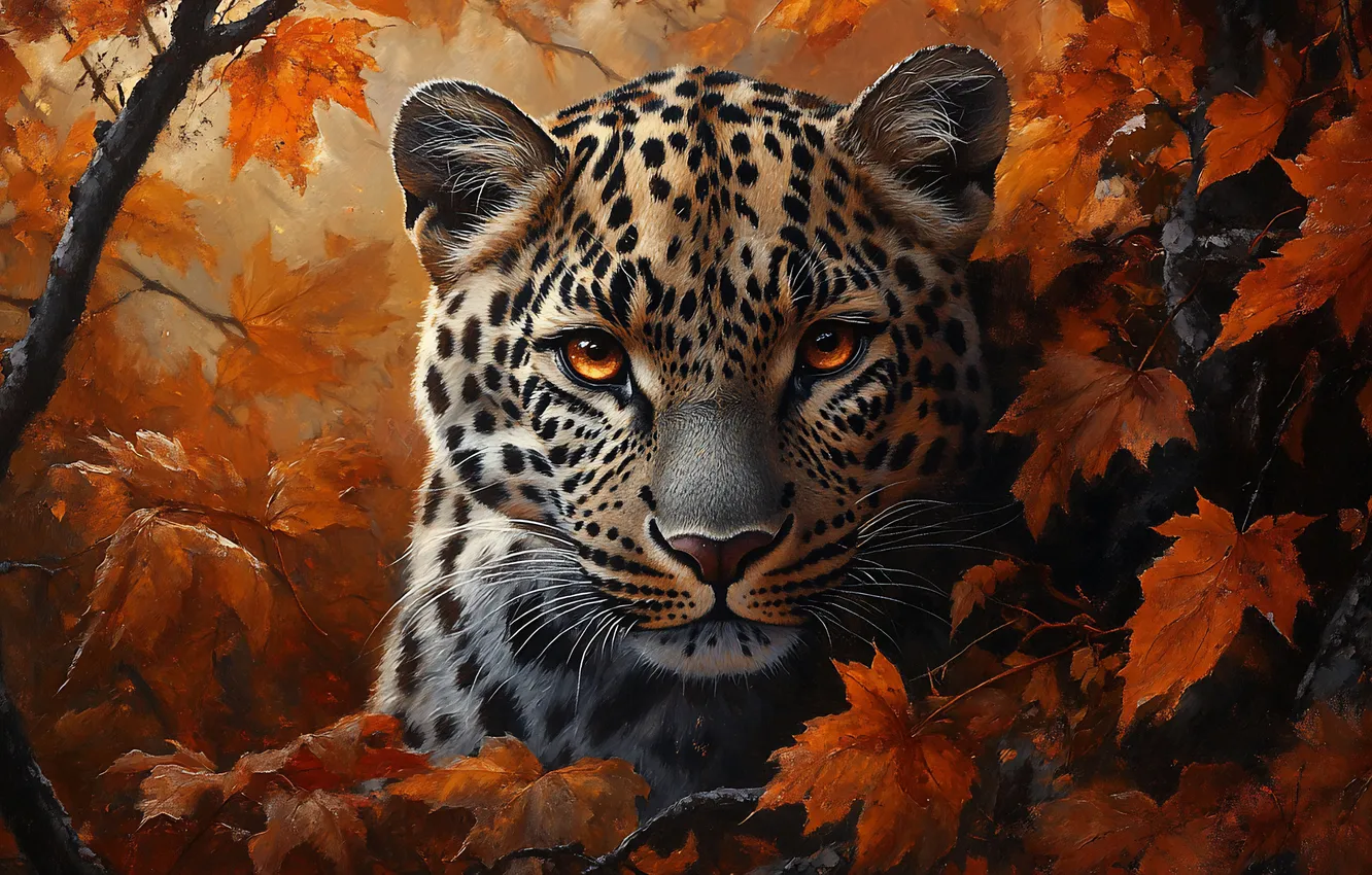 Photo wallpaper autumn, look, face, branches, pose, thickets, foliage, Jaguar
