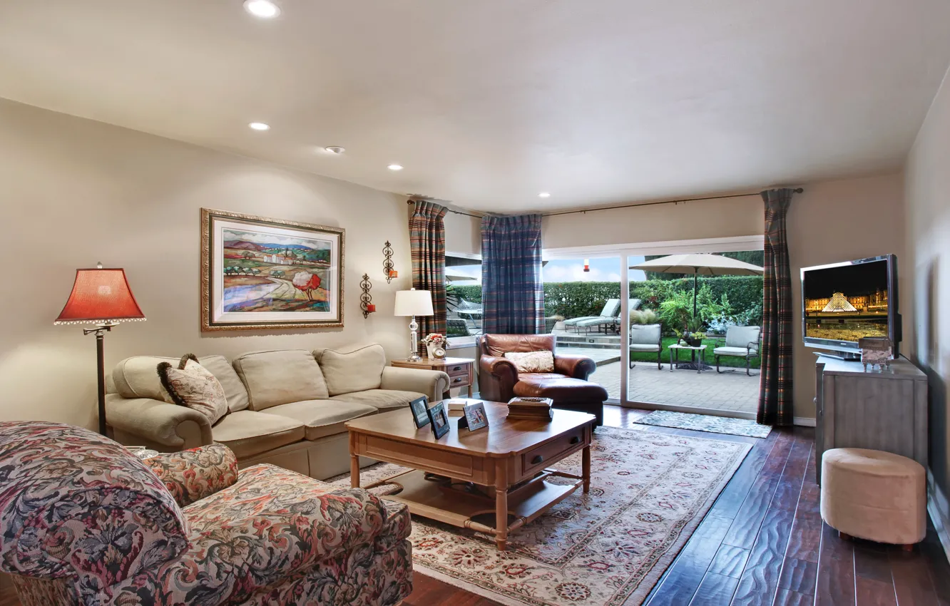 Photo wallpaper sofa, furniture, interior, picture, TV, cottage, mansion, living room